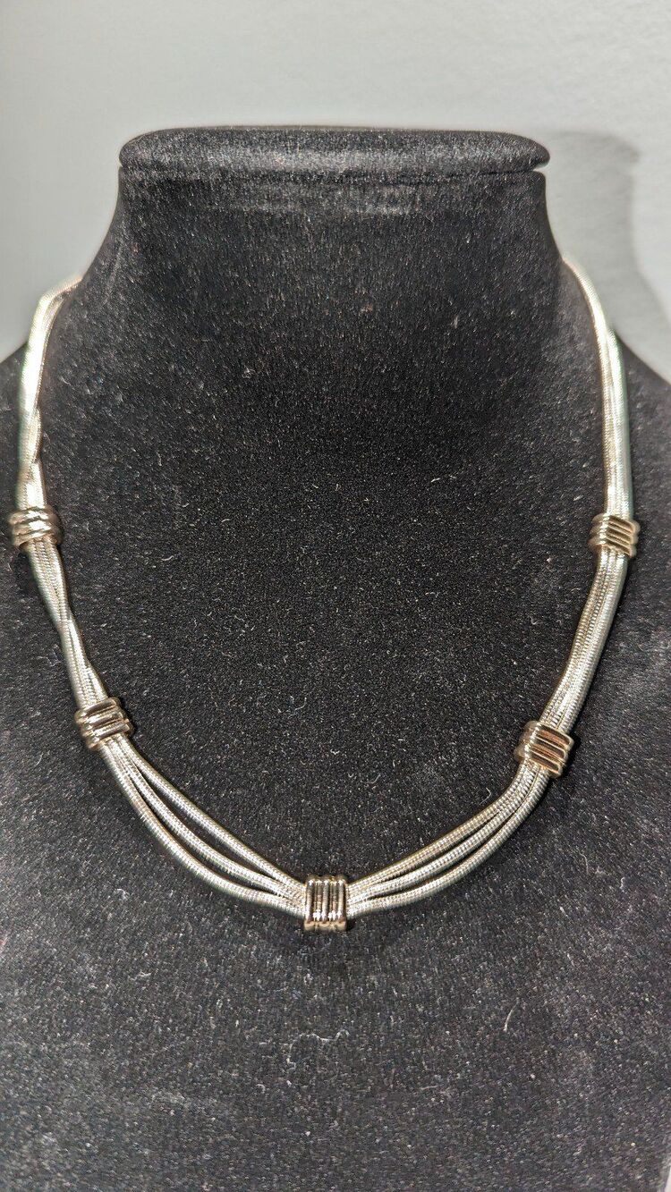 Silver Tone Three Strand Station Necklace